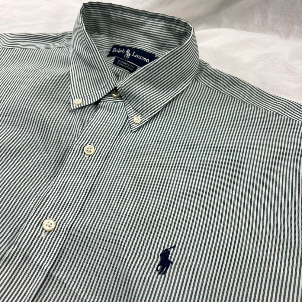 Ralph Lauren Shirt Men 16 34/35 100% Cotton Yarmouth Green Stripe long sleeve